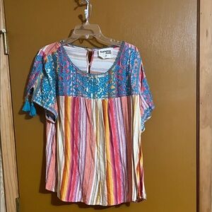 Savanna Jane Colorful Striped Blouse with Blue Embroidery